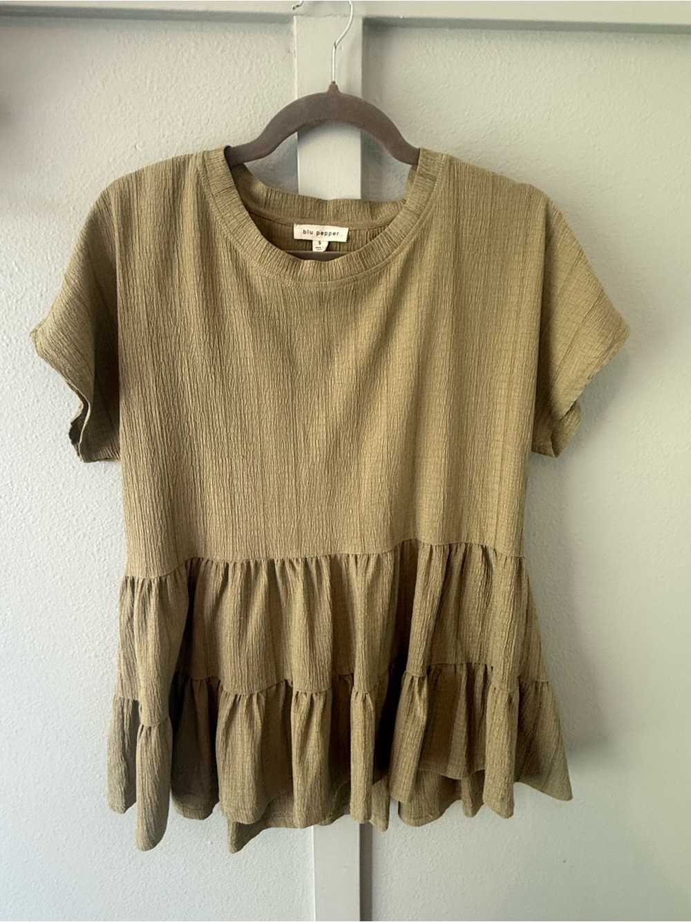 Blu Pepper Olive Ruffled Tiered Short Sleeve Blouse